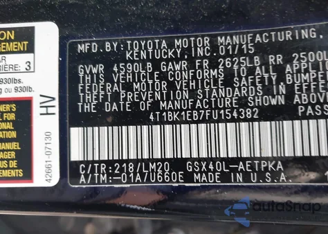 2015 Toyota Avalon Limited из США, поврежденный, VIN 4T1BK1EB7FU154382